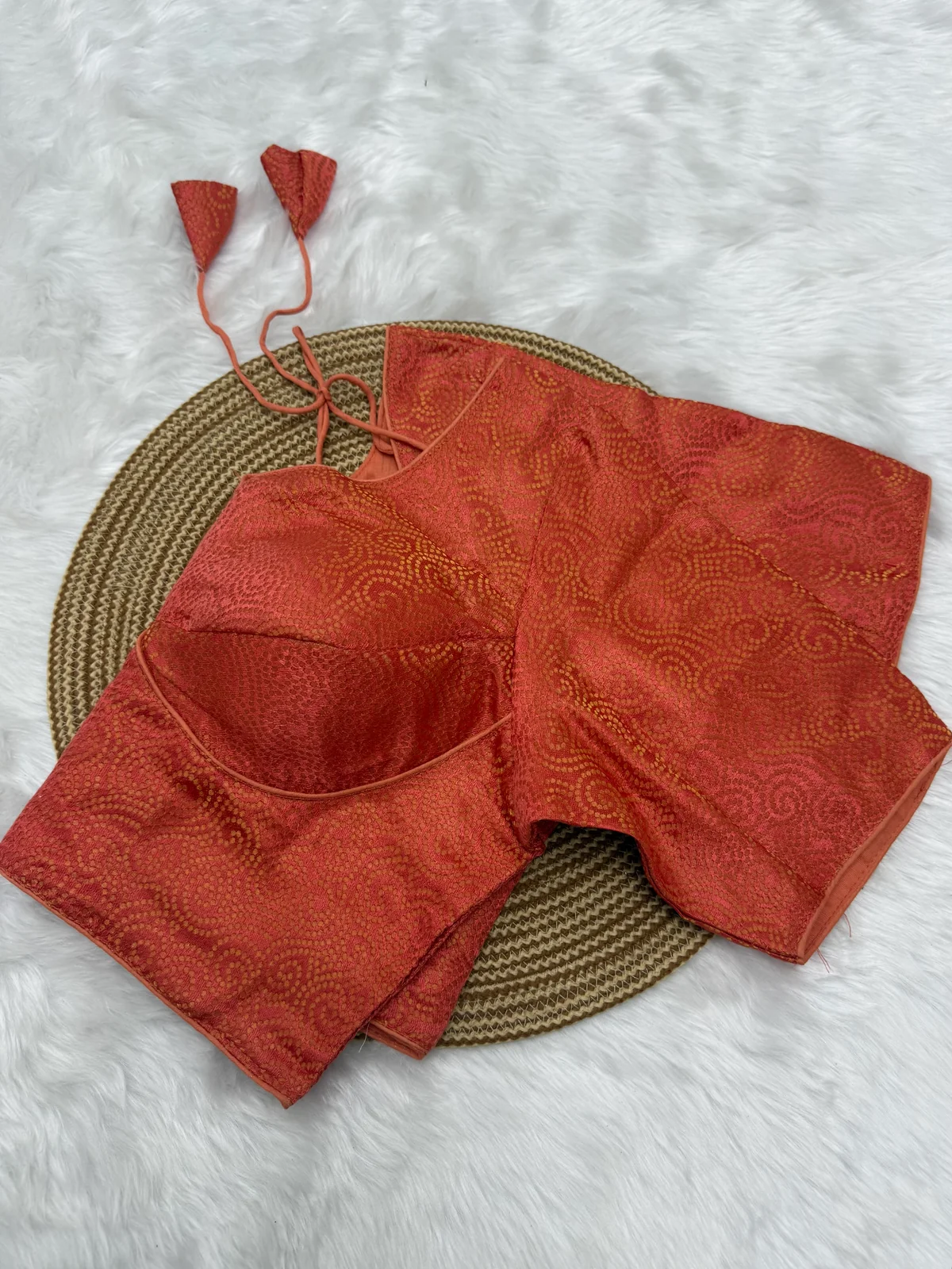 Burnt Peach Jacquard Silk Ready-to-Wear Saree Blouse