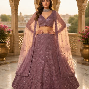 Dark Mauve Heavy Embroidered Sequins Silk Lehenga Set