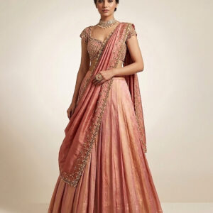 Elegant Peach Embroidered Tissue Lehenga Set