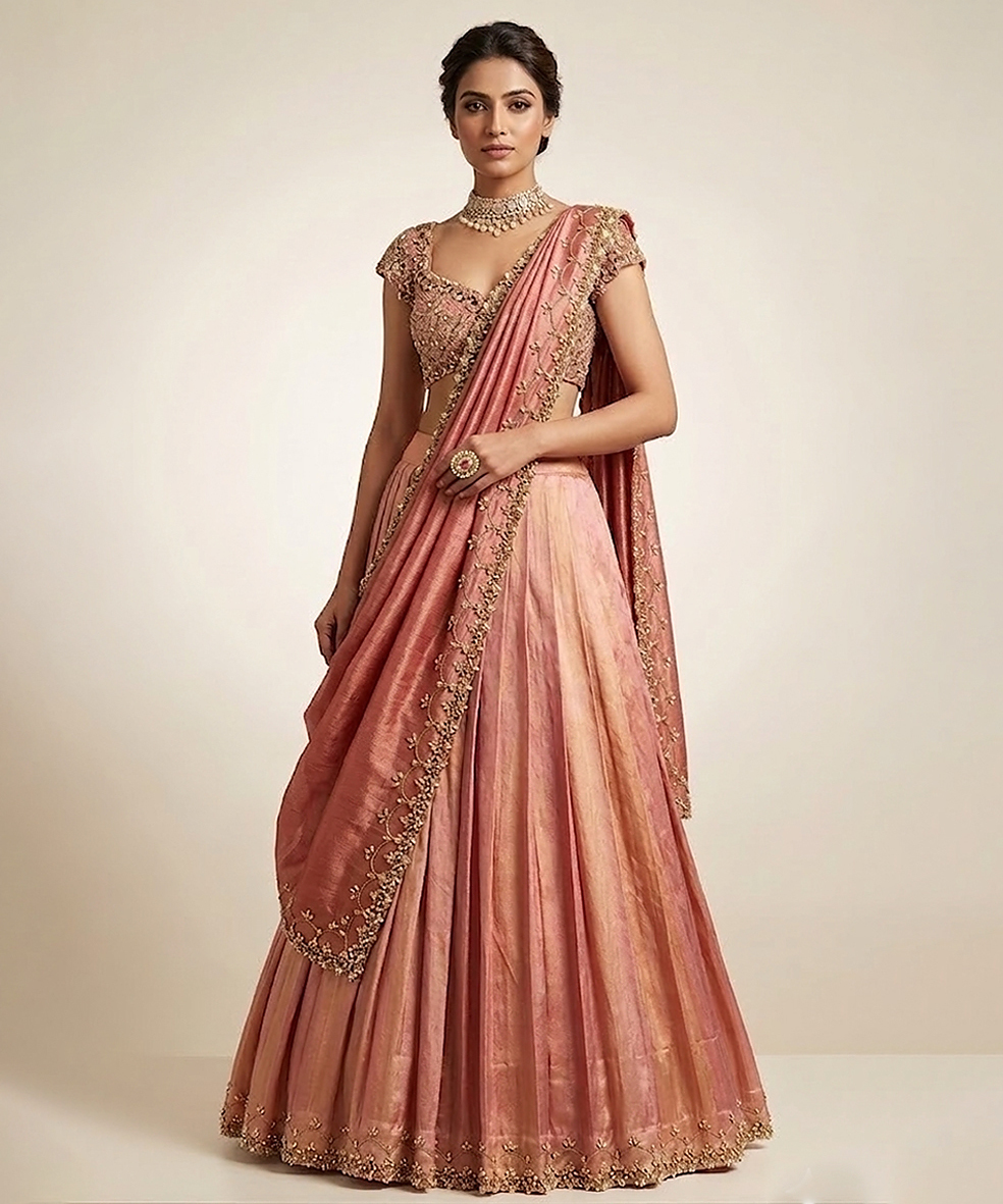 Elegant Peach Embroidered Tissue Lehenga Set