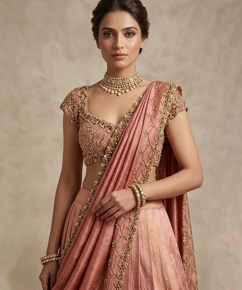 Elegant Peach Embroidered Tissue Lehenga Set - Image 2