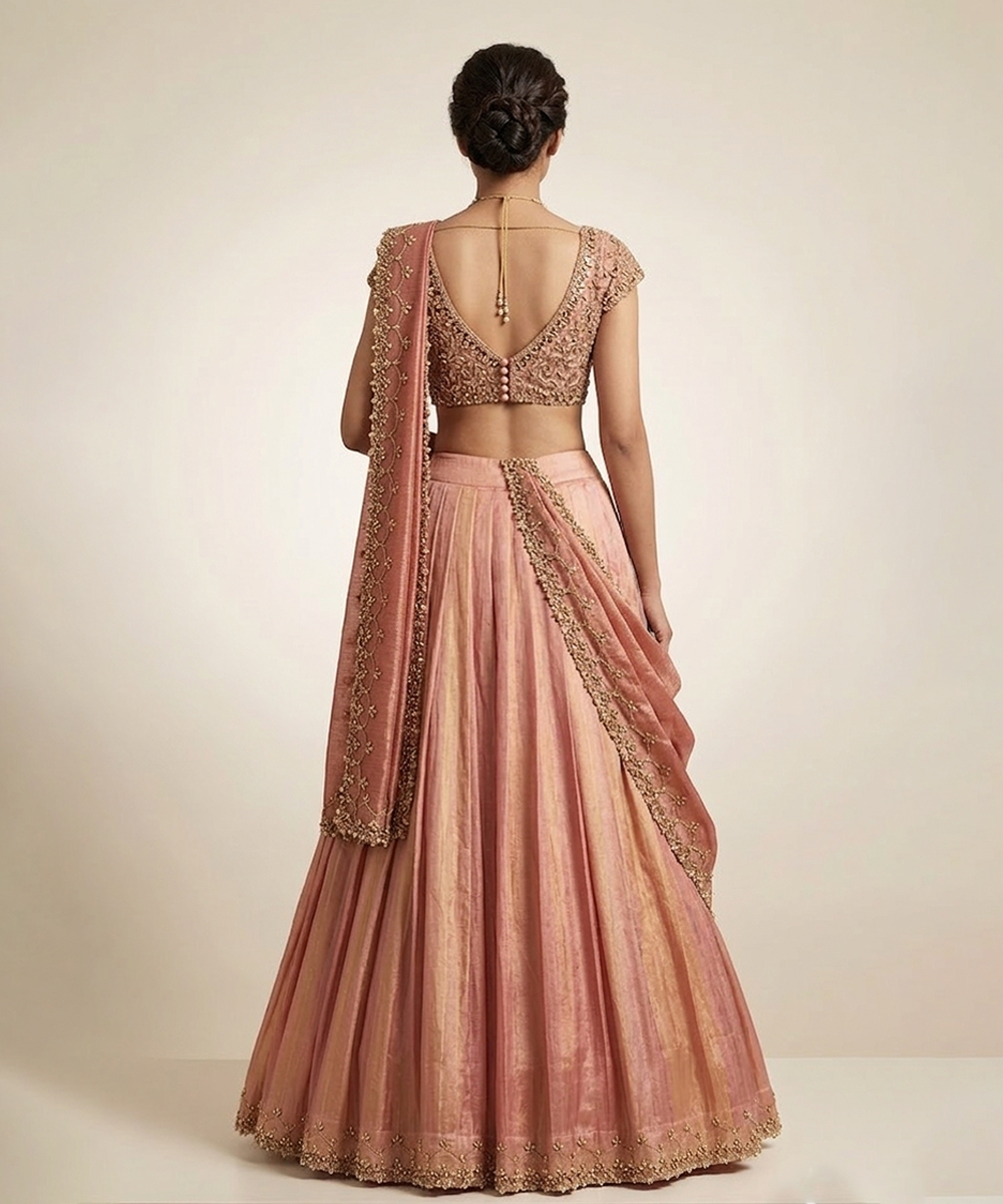 Elegant Peach Embroidered Tissue Lehenga Set - Image 3