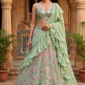 Elegant Sea Green Silk Blend Embroidered Lehenga Set
